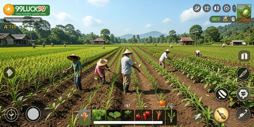 Tampilan gameplay menarik dari 99LUCK99 dengan ladang dan tanaman subur.