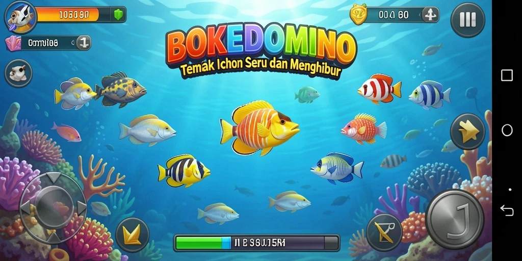 Tampilan utama gameplay BOKEDOMINO menampilkan keseruan menangkap ikan.