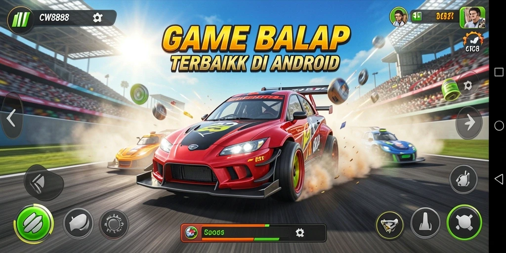 Tangkapan layar gameplay CW8888 menampilkan mobil balap dalam aksi di lintasan yang seru.