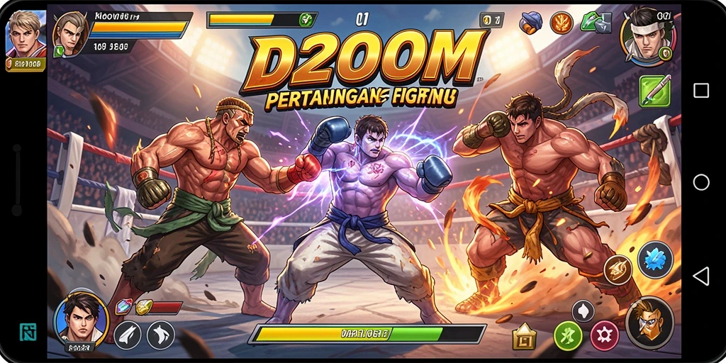 Tangkapan layar D200M menunjukkan aksi pertarungan seru di arena.