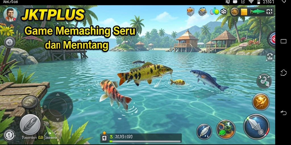 Tampilan gameplay JKTPLUS yang menampilkan aktivitas memancing.