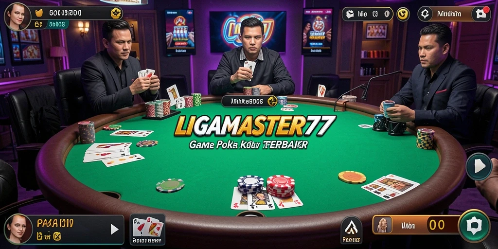 Tampilan gameplay LIGAMASTER77 dalam suasana permainan poker yang menegangkan.