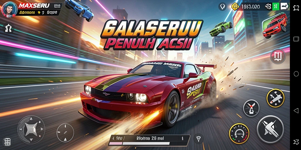 Screenshot gameplay MAXSERU menampilkan aksi balapan yang mendebarkan.