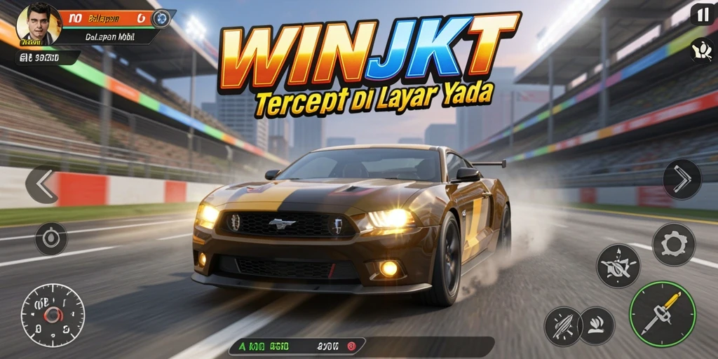 Tampilan gameplay mendebarkan di WINJKT dengan aksi balapan mobil.